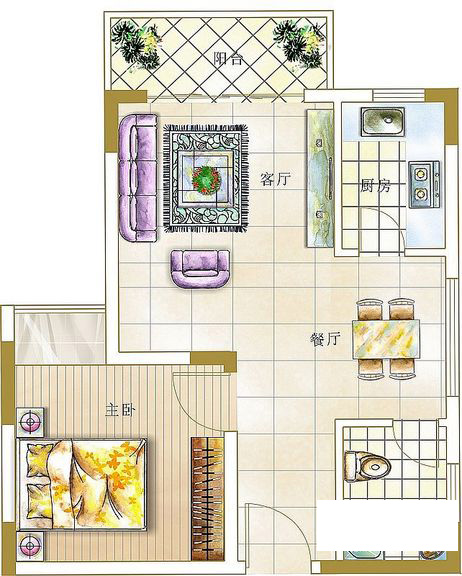 1房2厅1卫 建筑面积：58㎡