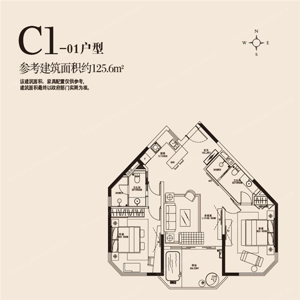 C1-01户型 2房2厅2卫 建筑面积：125㎡
