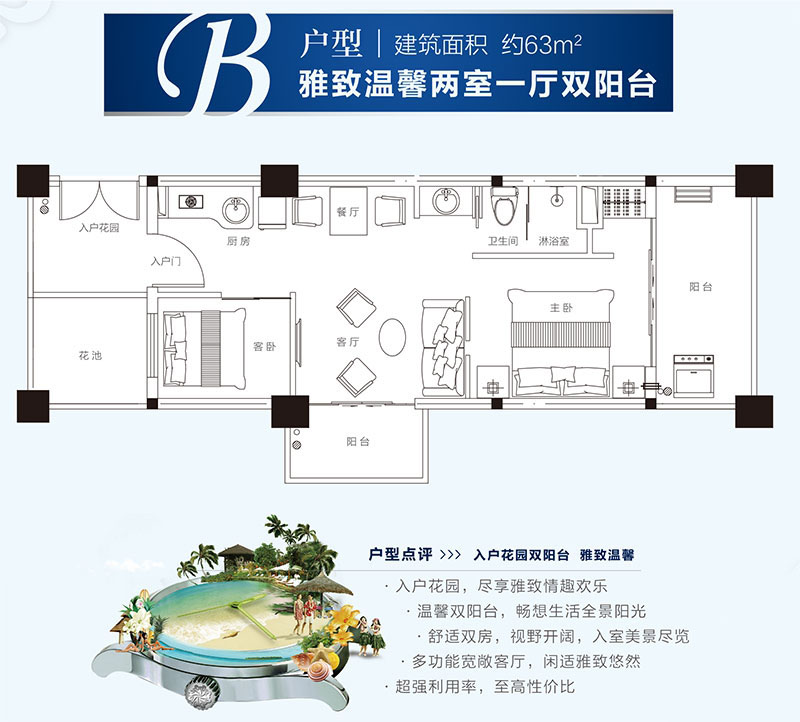 2房1厅1卫  建筑面积：63㎡