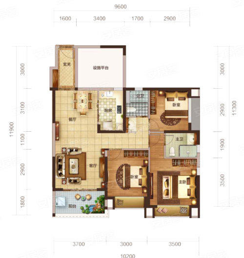 3房2厅2卫 建筑面积：102㎡