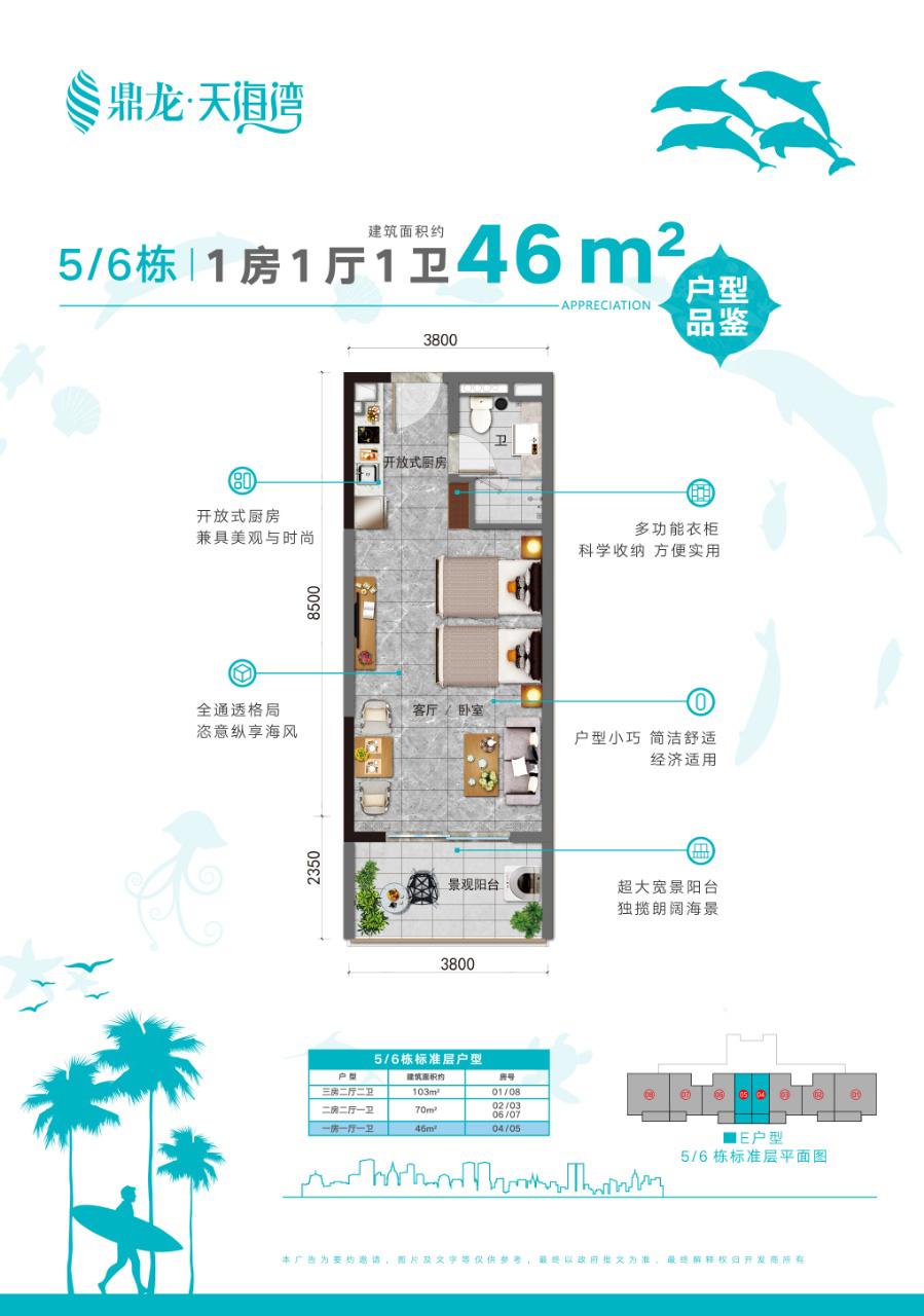 E户型 1房1厅1卫 建筑面积：46㎡